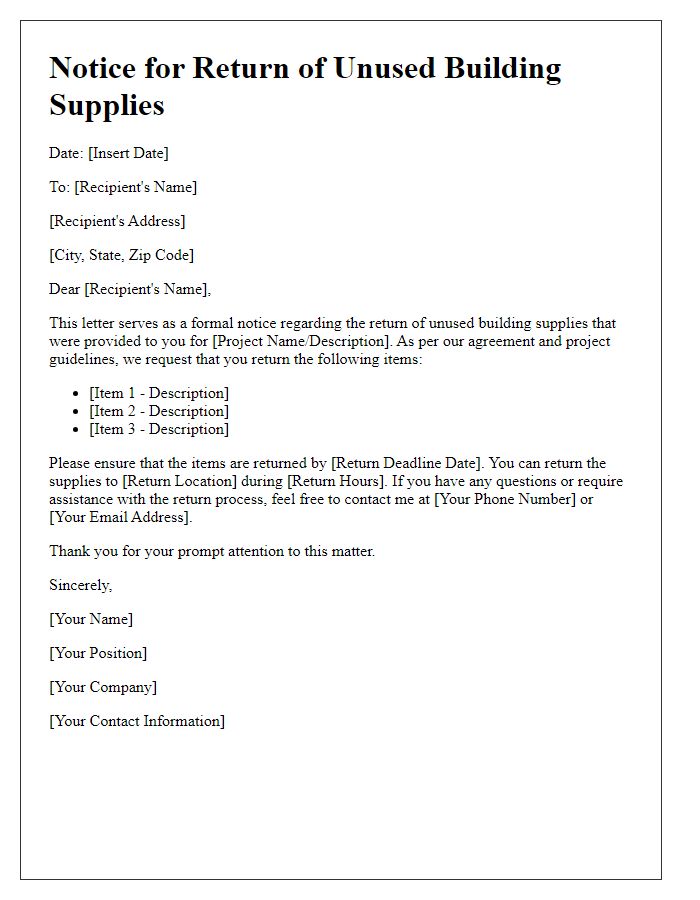 Letter template of notice for the return of unused building supplies.