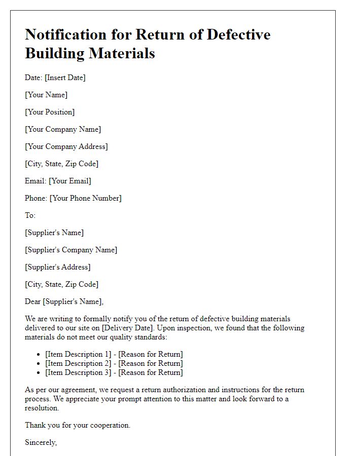 Letter template of notification for the return of defective building materials.