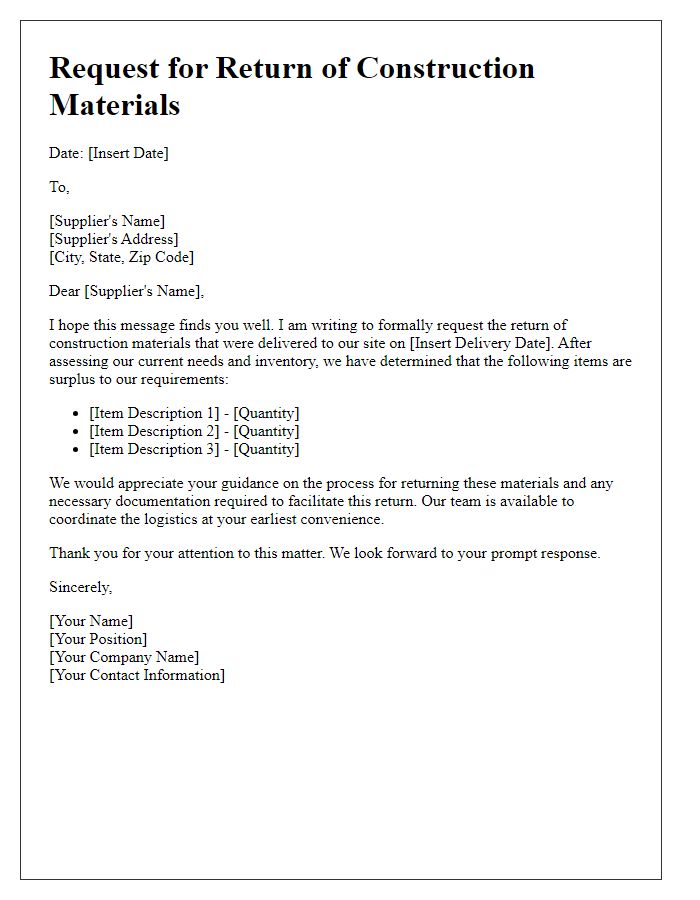 Letter template of request for return of construction materials.