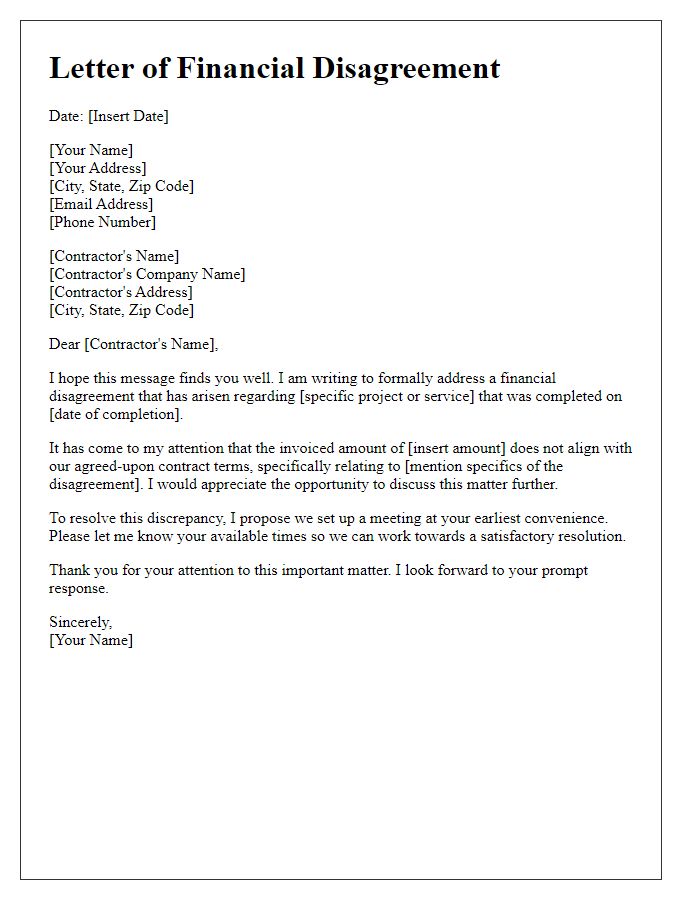 Letter template of contractor financial disagreement