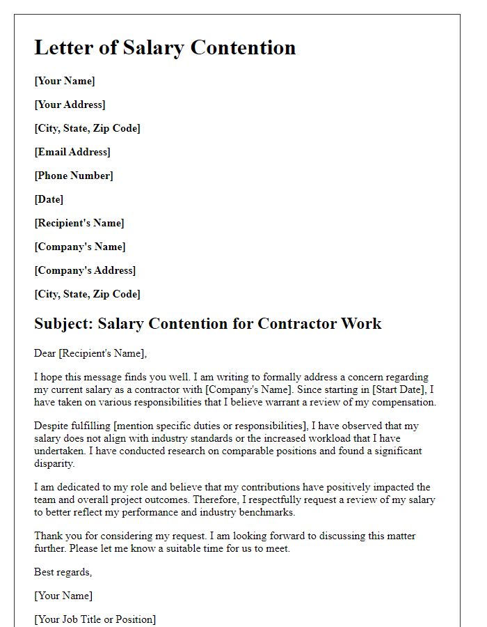 Letter template of contractor salary contention