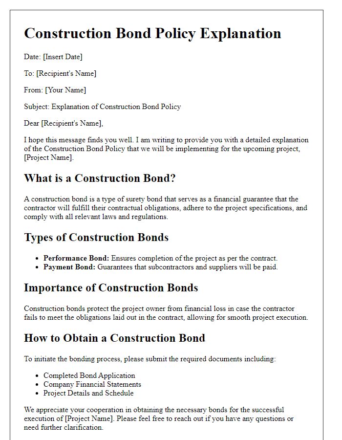 Letter template of Construction Bond Policy Explanation