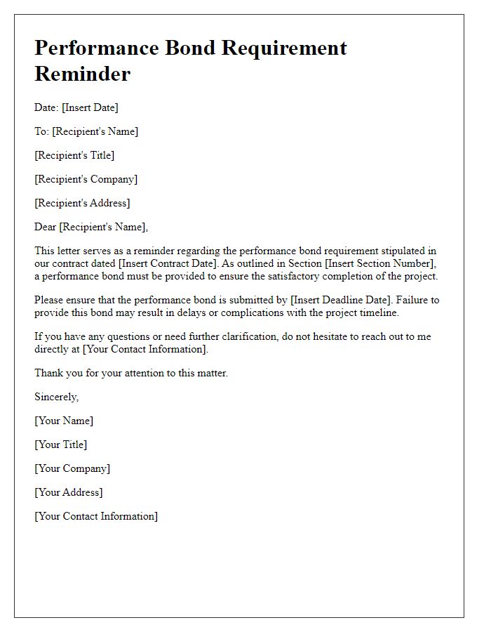 Letter template of Performance Bond Requirement Reminder