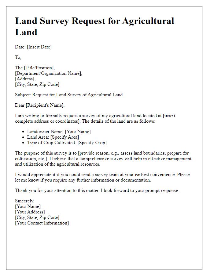 Letter template of land survey request for agricultural land.