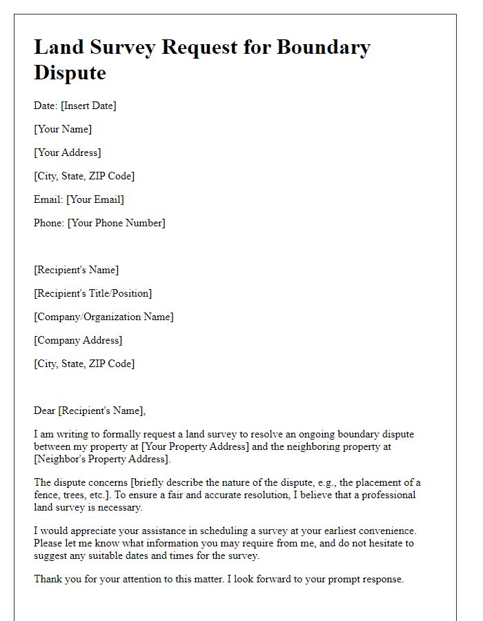 Letter template of land survey request for boundary dispute.