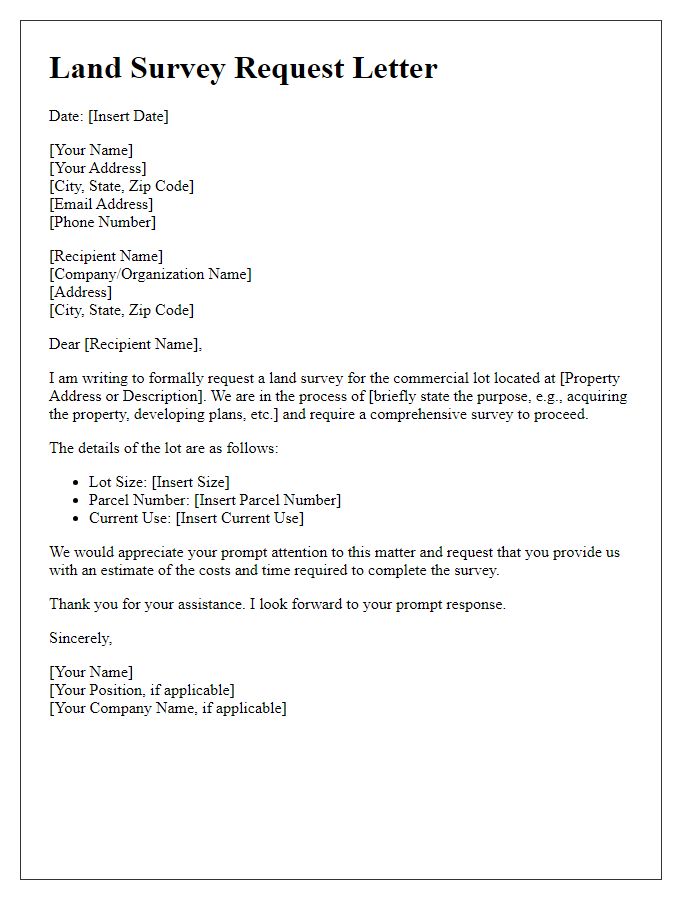 Letter template of land survey request for commercial lot.