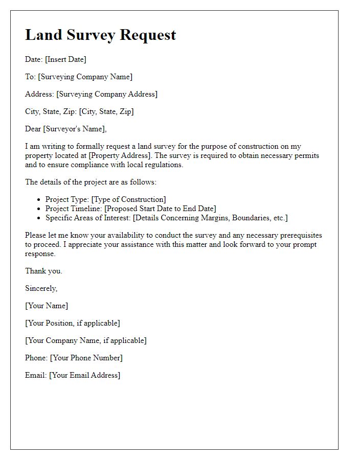 Letter template of land survey request for construction site.