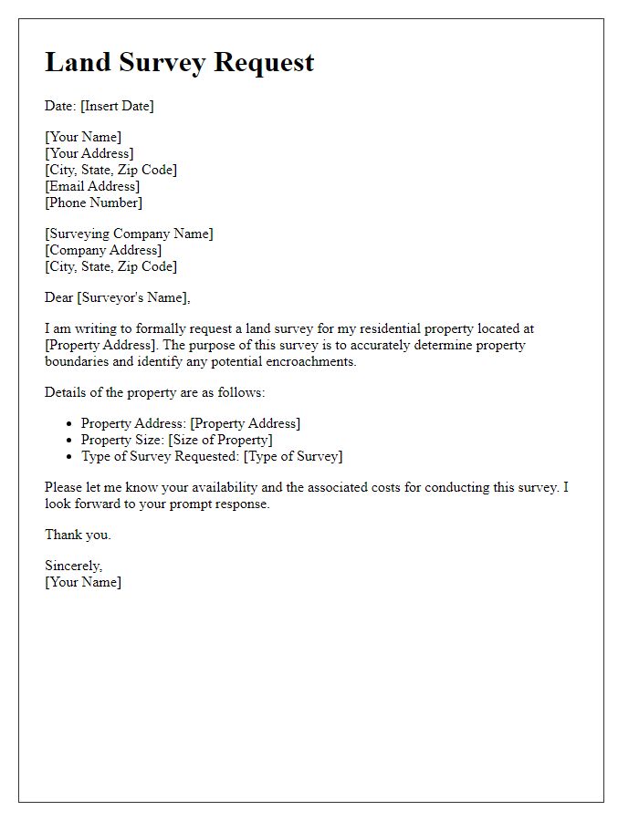 Letter template of land survey request for residential property.