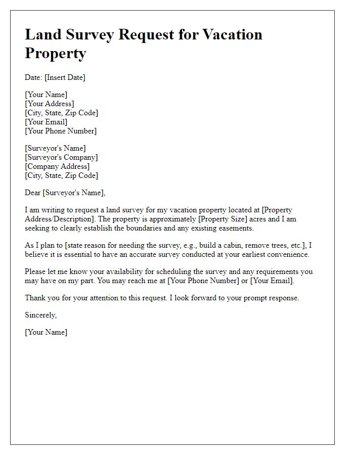 Letter template of land survey request for vacation property.