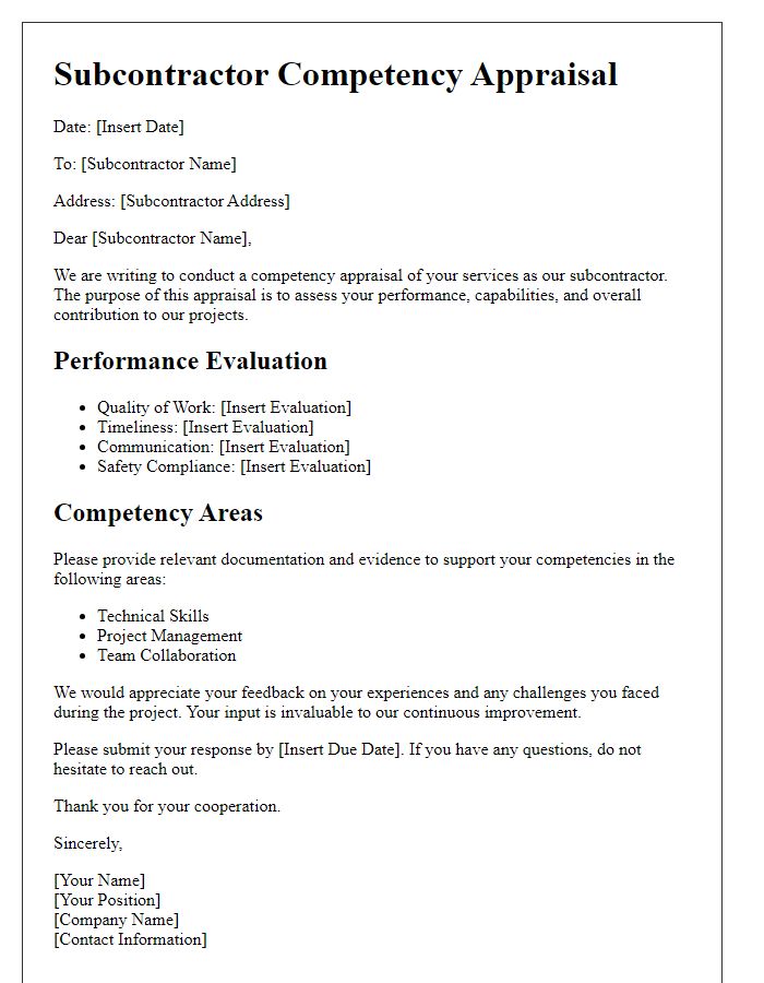 Letter template of subcontractor competency appraisal