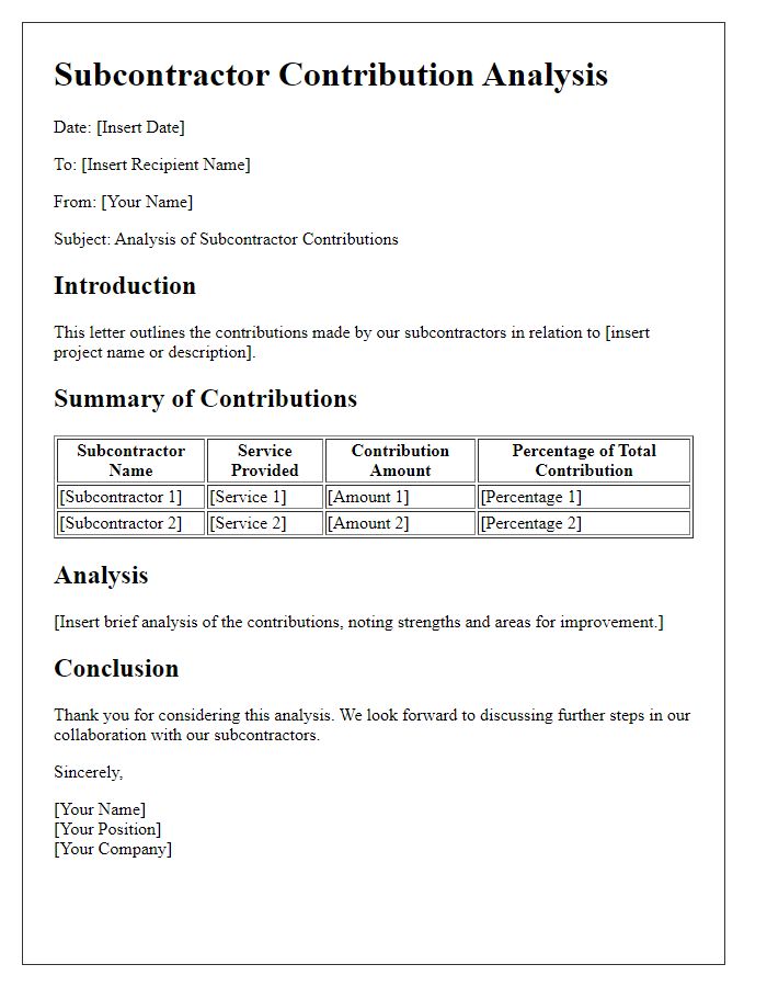 Letter template of subcontractor contribution analysis