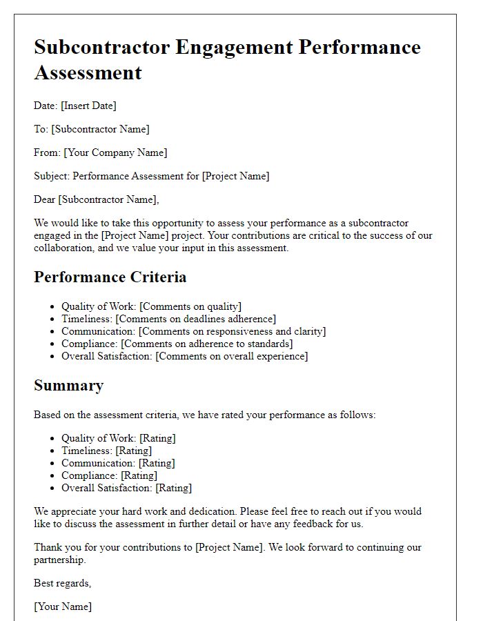 Letter template of subcontractor engagement performance assessment