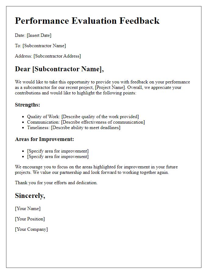 Letter template of subcontractor performance evaluation feedback