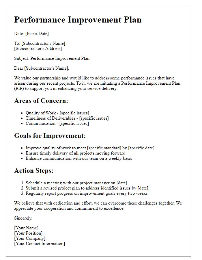 Letter template of subcontractor performance improvement plan