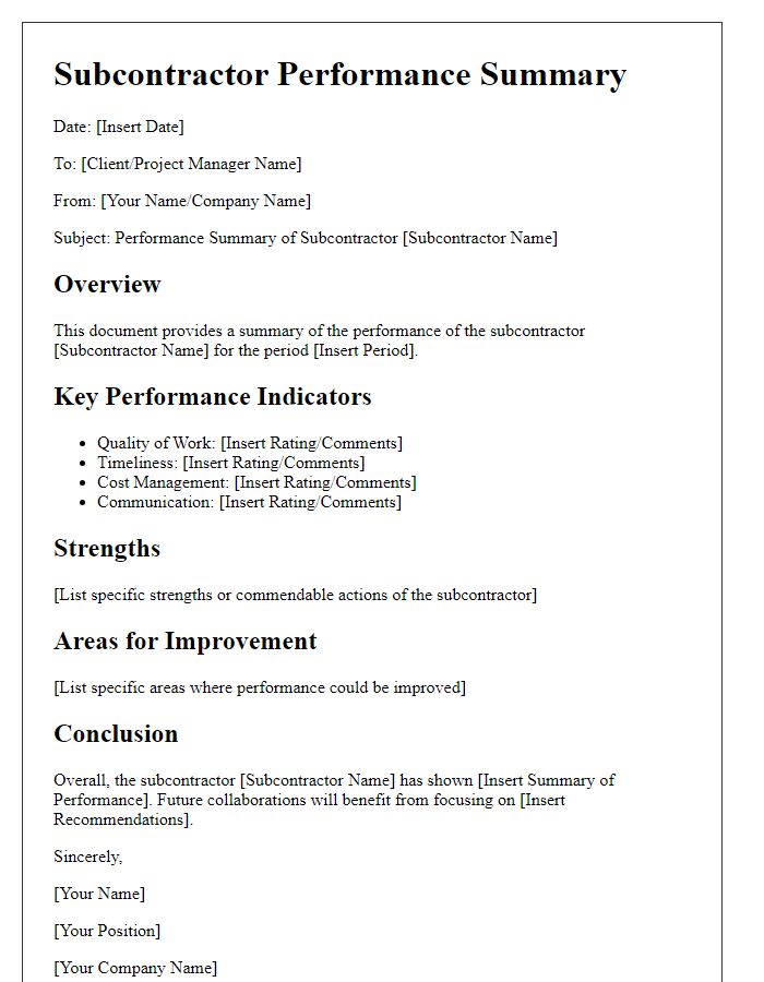 Letter template of subcontractor performance summary