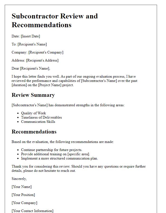 Letter template of subcontractor review and recommendations