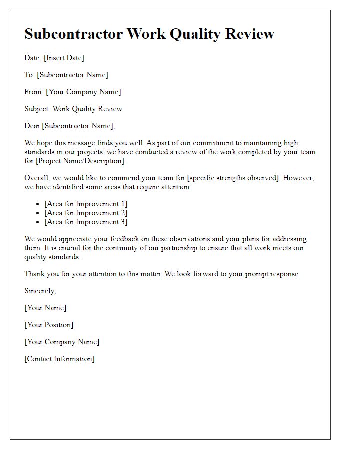 Letter template of subcontractor work quality review