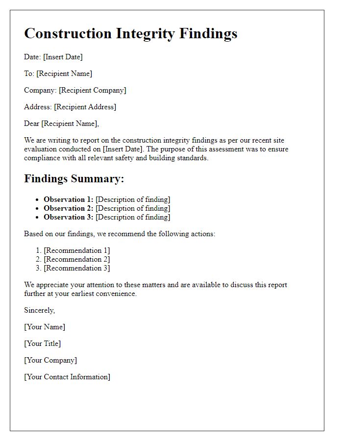 Letter template of construction integrity findings