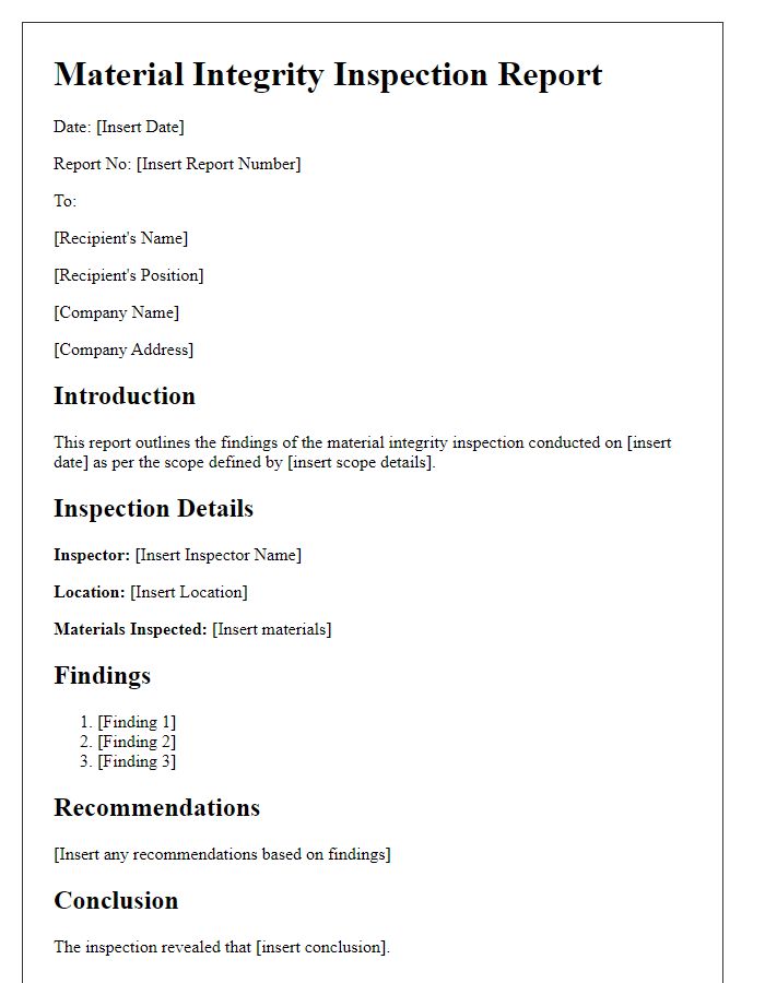 Letter template of material integrity inspection report