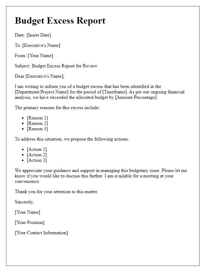 Letter template of budget excess report for executive review