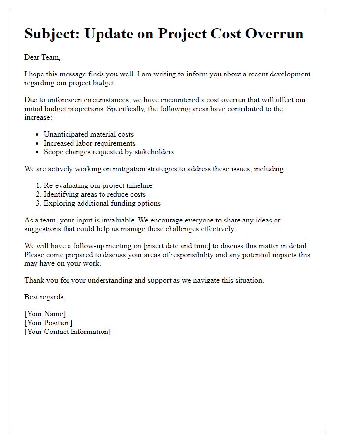 Letter template of cost overrun communication for team members