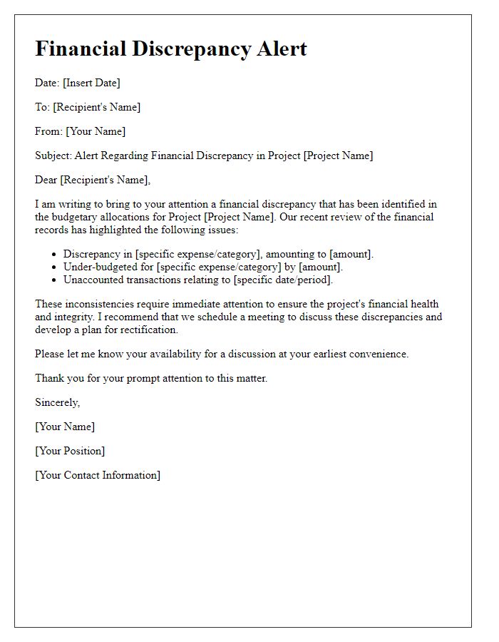 Letter template of financial discrepancy alert for project management