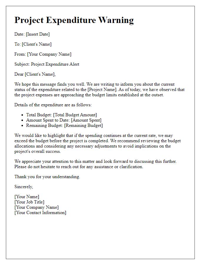 Letter template of project expenditure warning for clients