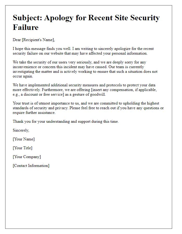 Letter template of apology for site security failure.