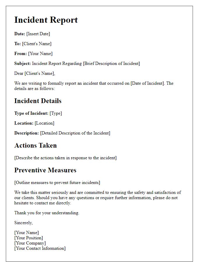 Letter template of incident report for clients.