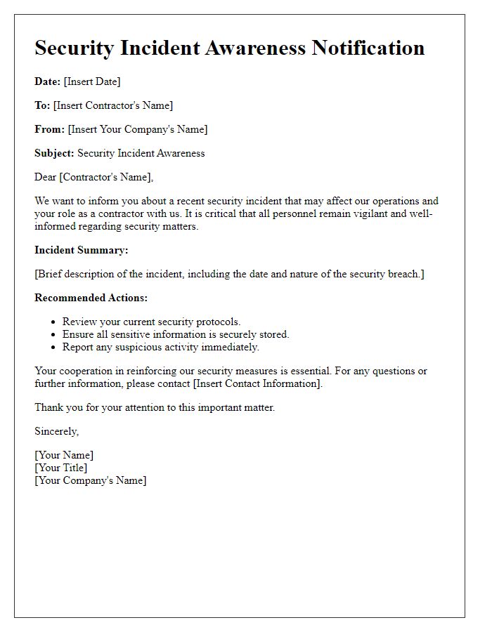 Letter template of security incident awareness for contractors.