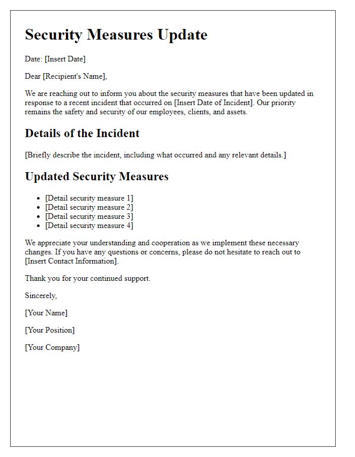 Letter template of security measures update due to incident.