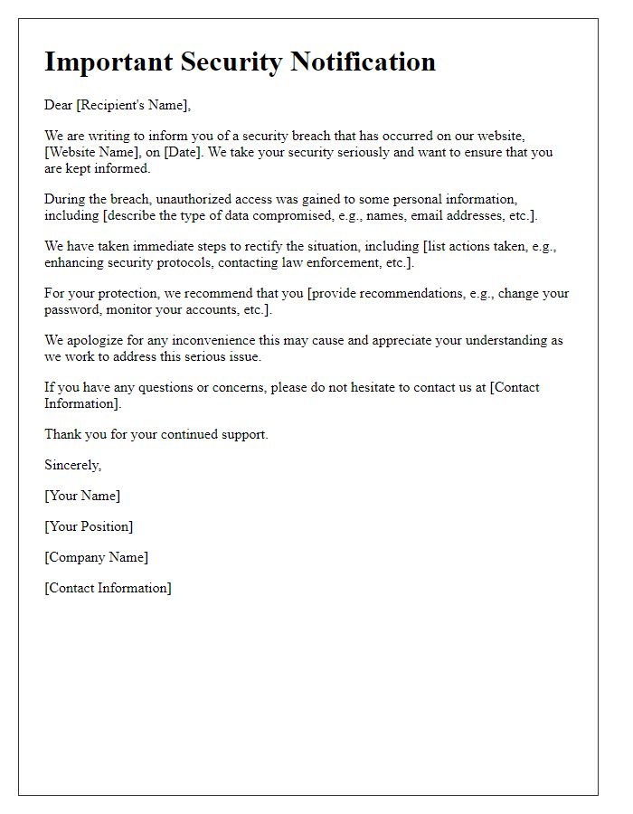 Letter template of site security breach communication.