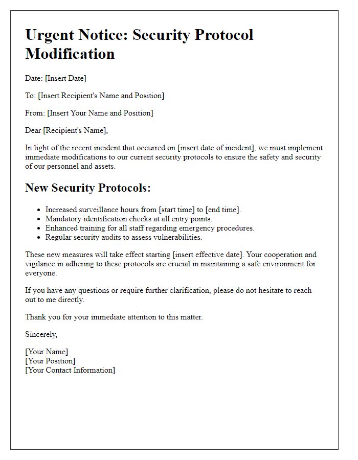 Letter template of urgent security protocol modification after incident.