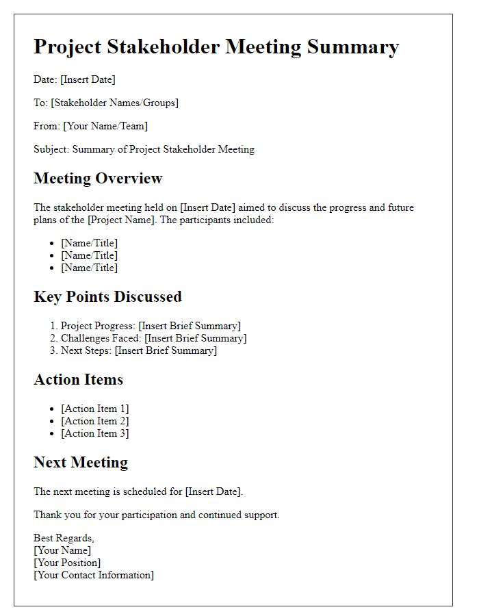 Letter template of summary for project stakeholder meeting