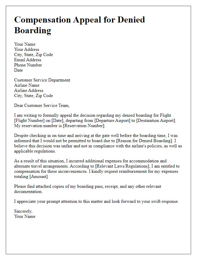 Letter template of airline compensation appeal for denied boarding.