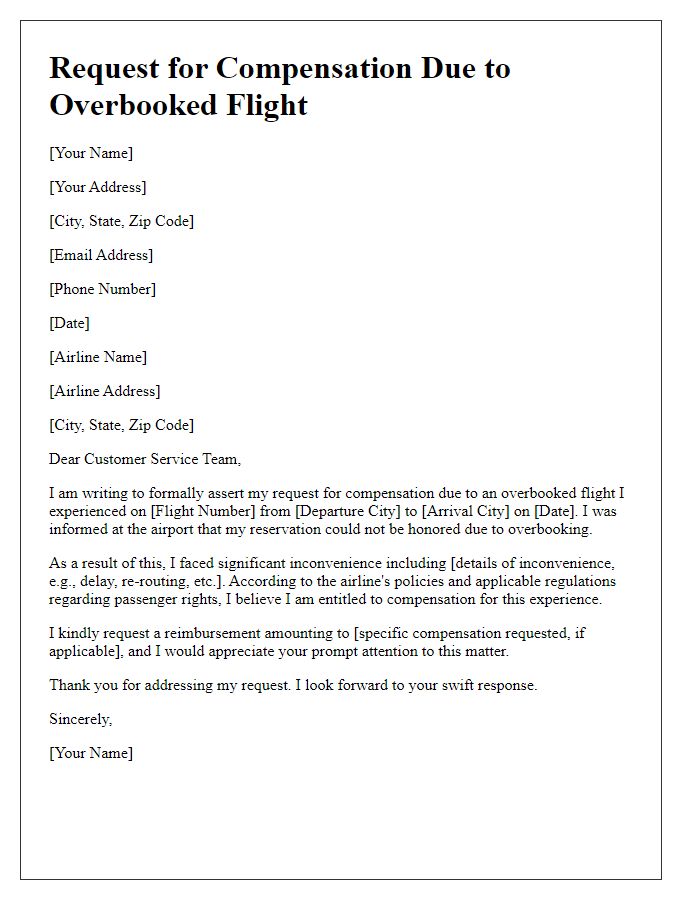 Letter template of airline compensation assertion for overbooked flight.