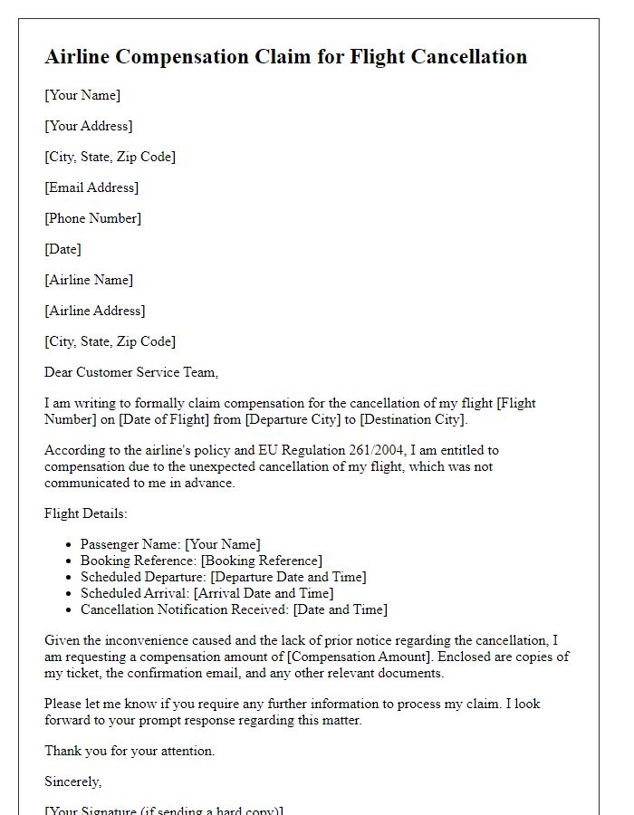 Letter template of airline compensation claim for flight cancellation.