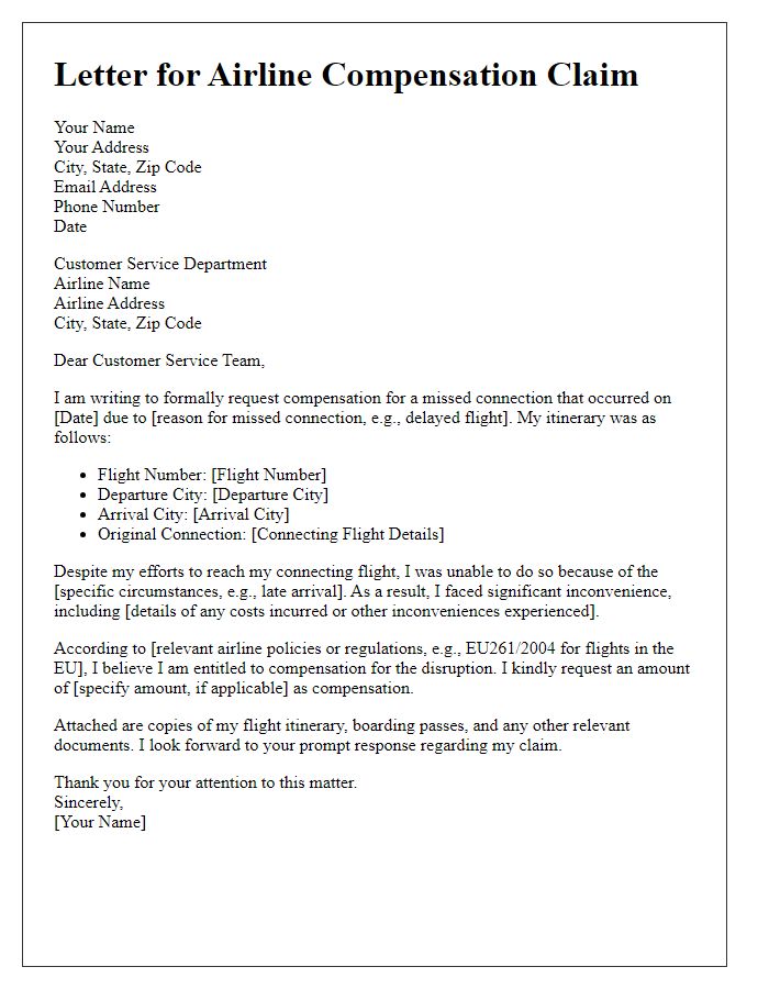 Letter template of airline compensation demand for missed connections.