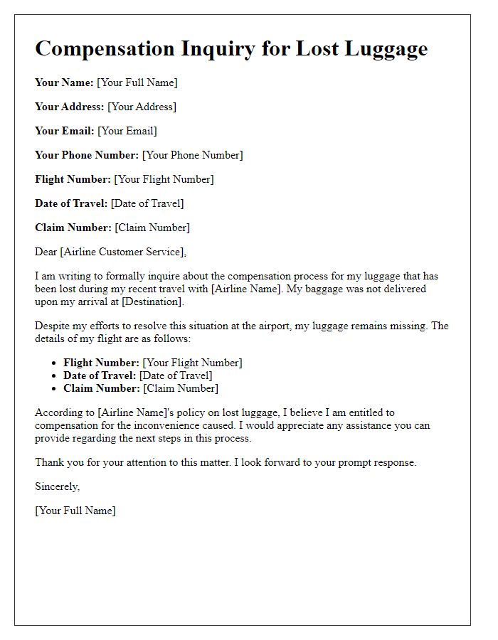 Letter template of airline compensation inquiry for lost luggage.