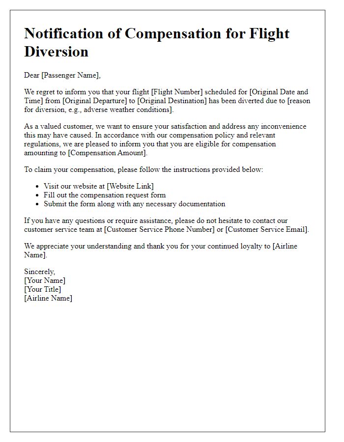 Letter template of airline compensation notification for flight diversion.