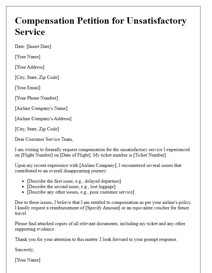 Letter template of airline compensation petition for unsatisfactory service.