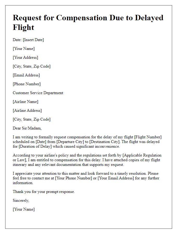 Letter template of airline compensation request for delayed flight.