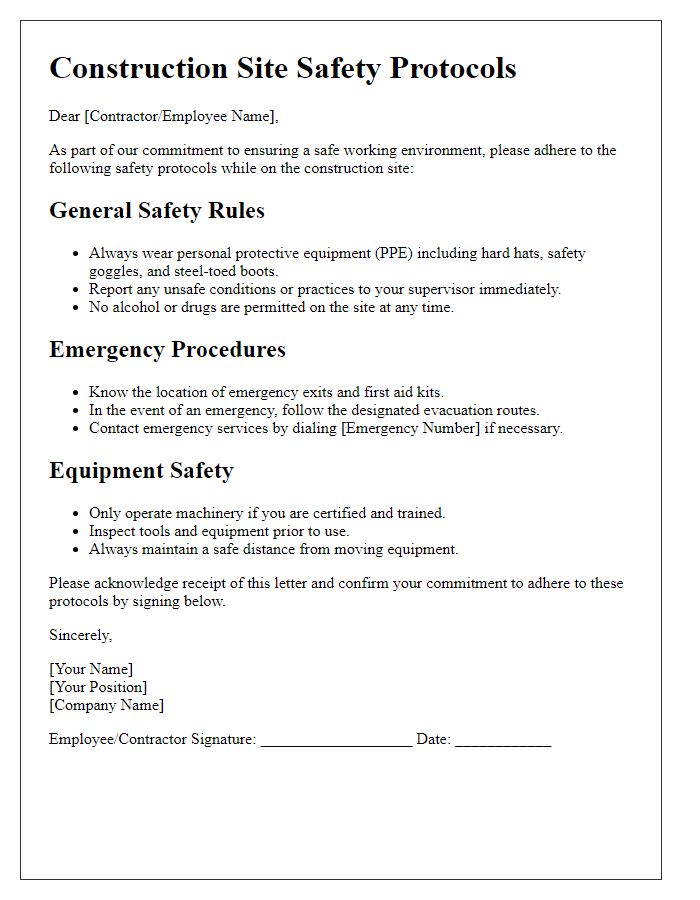 Letter template of construction site safety protocols.