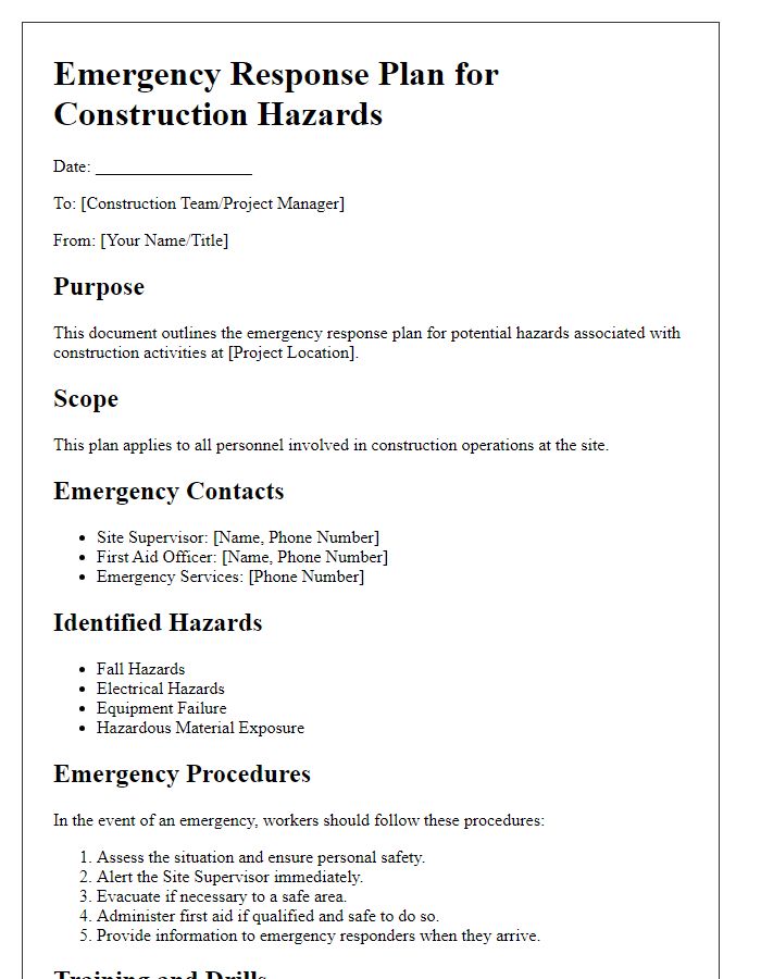 Letter template of emergency response plans for construction hazards.