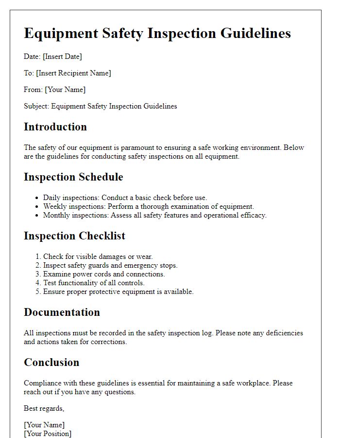 Letter template of equipment safety inspection guidelines.