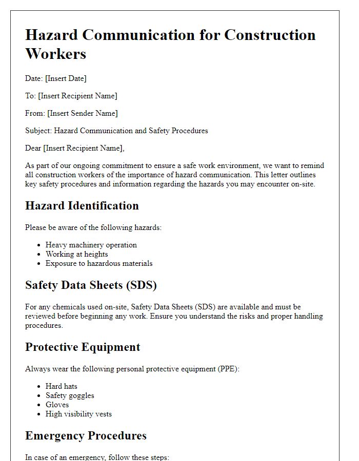 Letter template of hazard communication for construction workers.