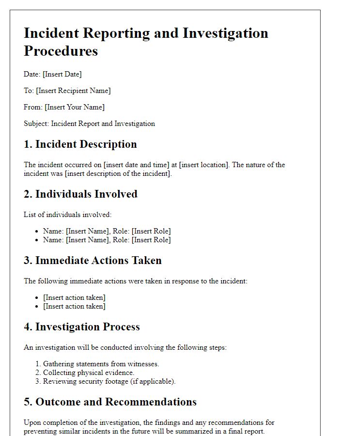 Letter template of incident reporting and investigation procedures.