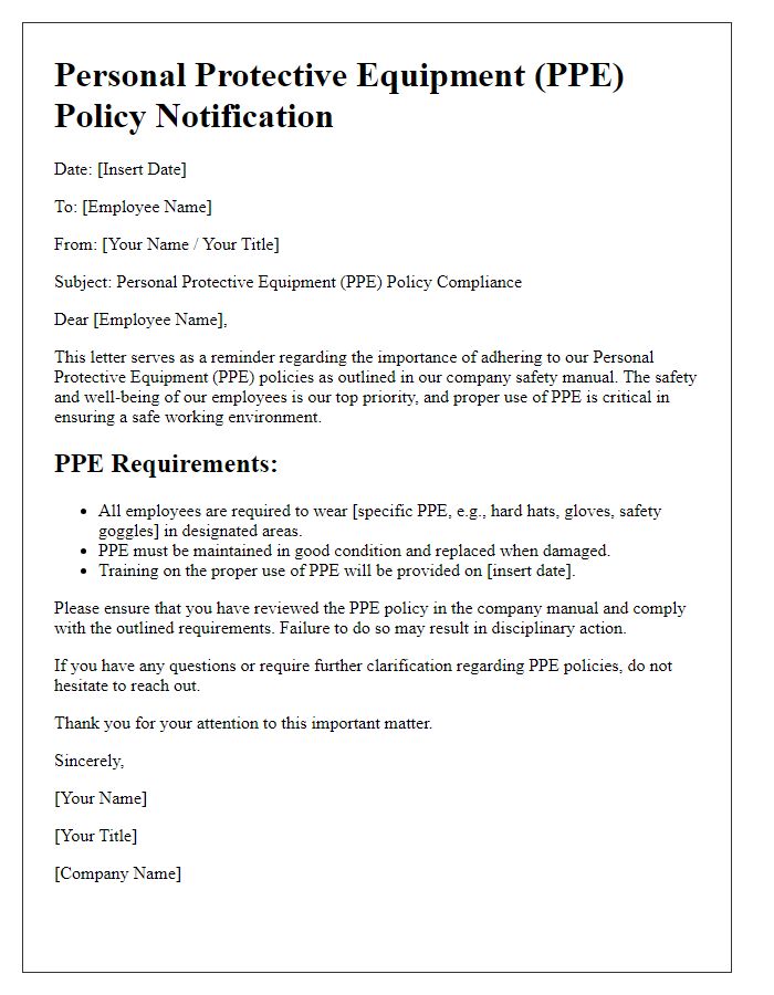 Letter template of personal protective equipment (PPE) policies.