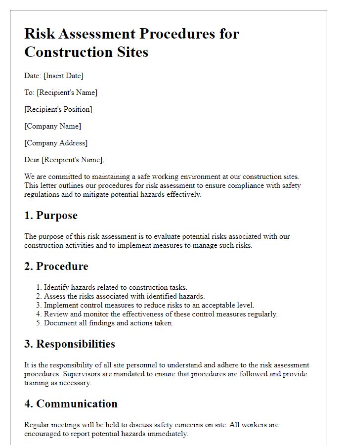 Letter template of risk assessment procedures for construction sites.