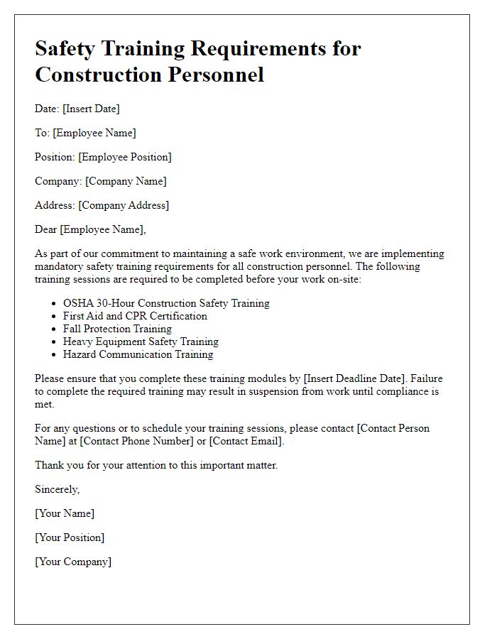 Letter template of safety training requirements for construction personnel.